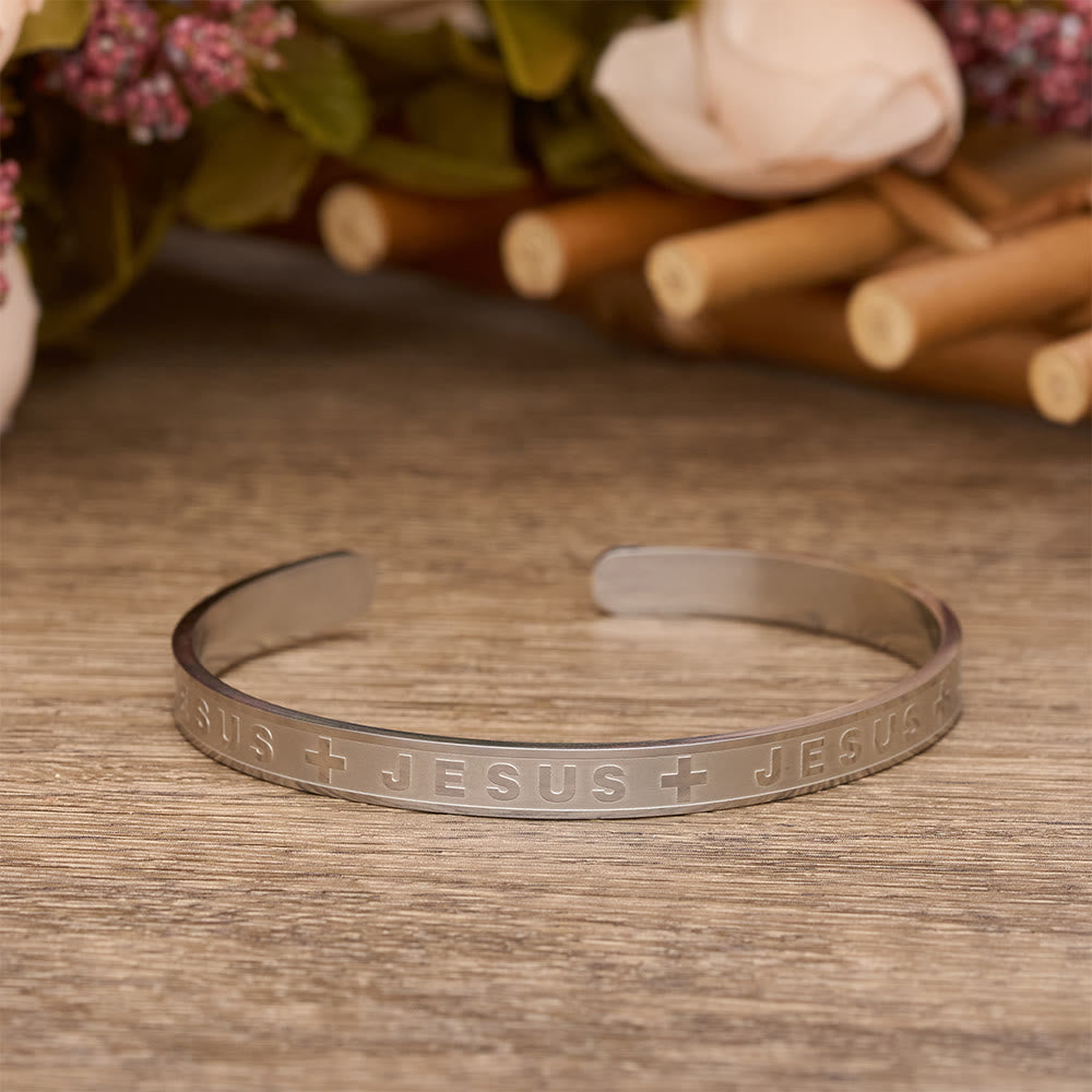Engraved JESUS Cuff Bracelet in Golden, Silver, Rose Gold Tone: A Reminder of Divine Grace