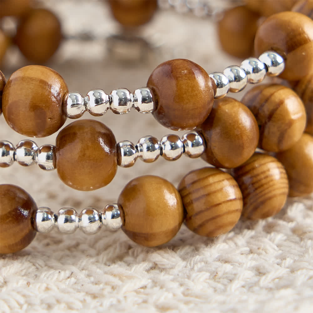 Natural Olive Wood Memory Wire Rosary Bracelet with Ichthys & Crucifix