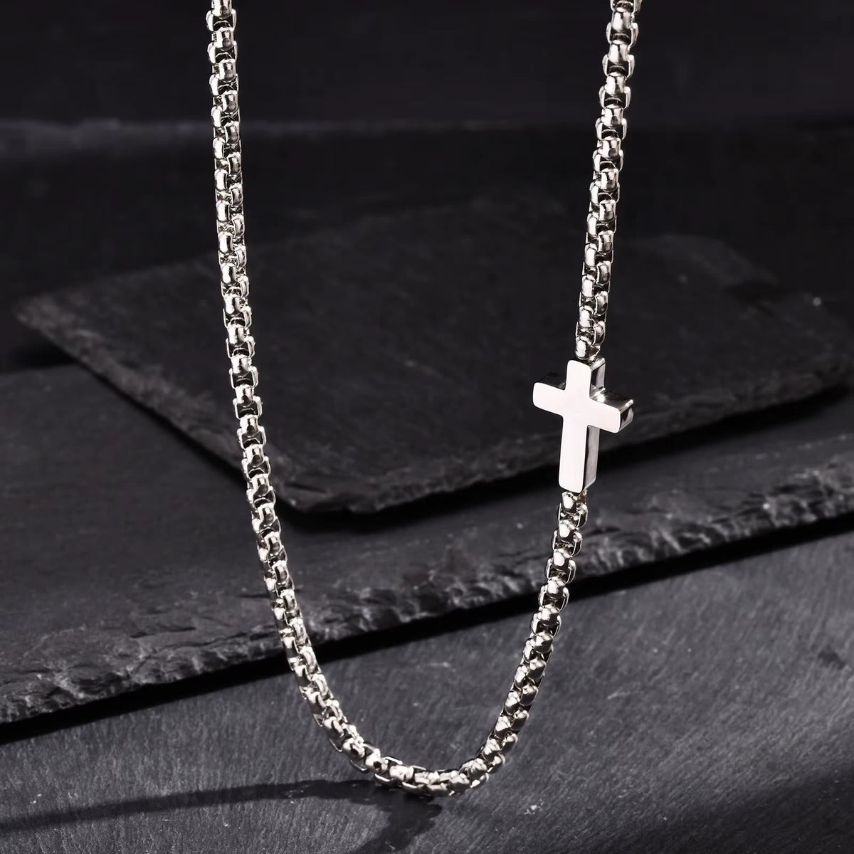 Sleek Stainless Steel Cross Necklace with Sideways Pendant: A Reminder of Divine Grace