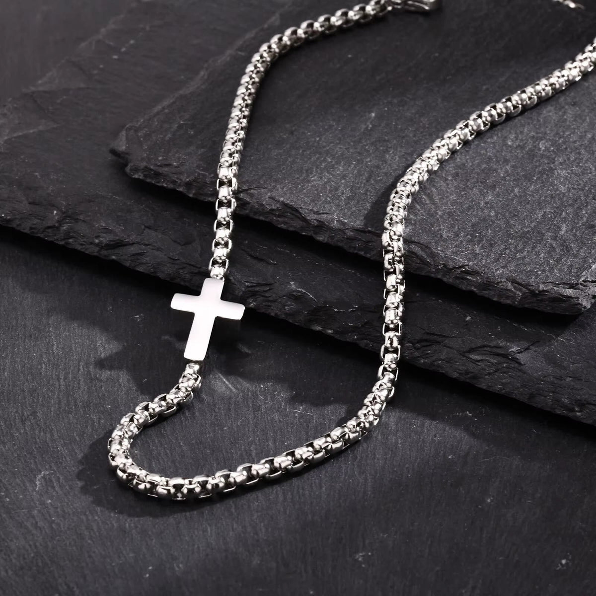 Sleek Stainless Steel Cross Necklace with Sideways Pendant: A Reminder of Divine Grace