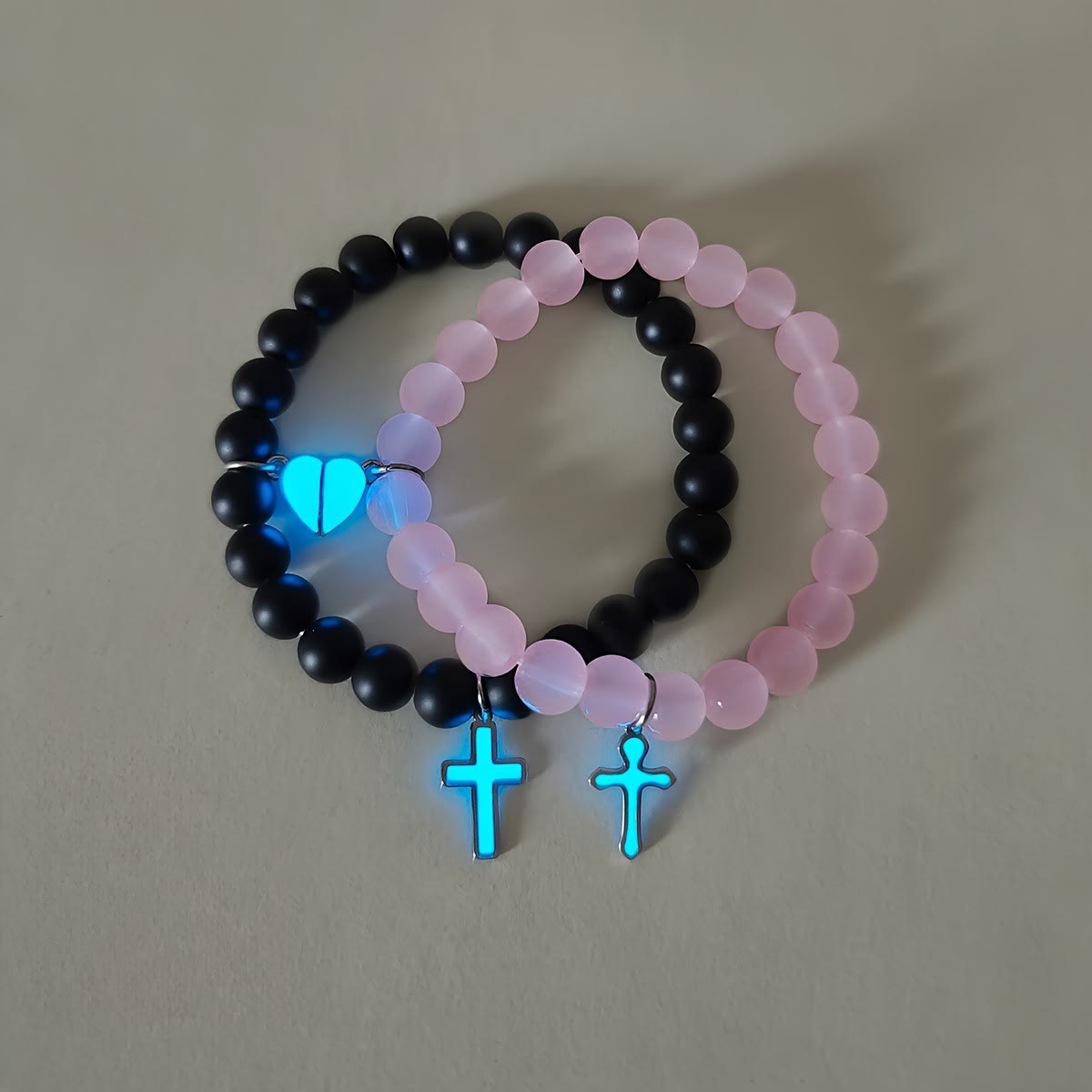 Glowing Cross Matching Beaded Bracelets with Magnetic Heart Clasp: A Symbol of United Faith & Shared Love