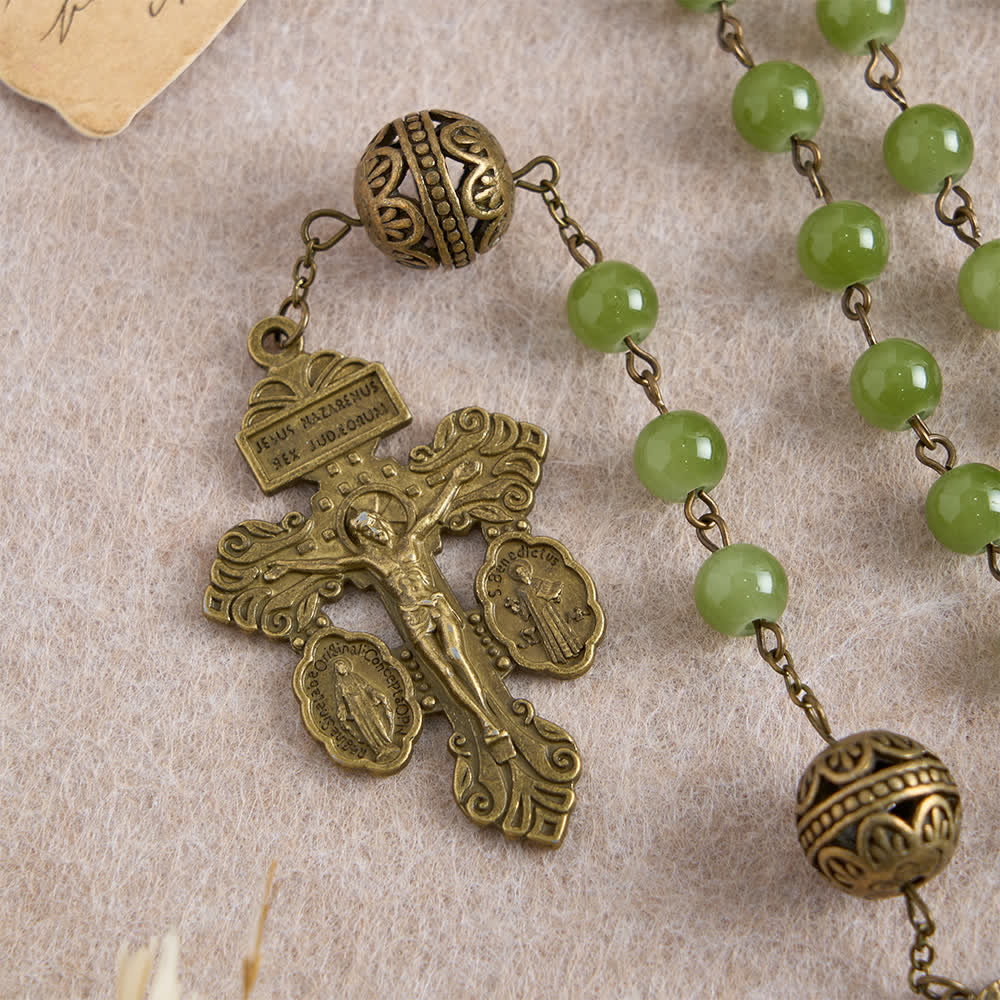 Bronze Filigree & Olive Green Glass Rosary with Our Lady