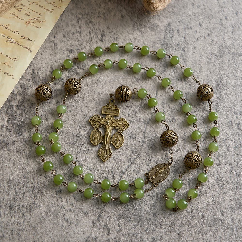 Bronze Filigree & Olive Green Glass Rosary with Our Lady