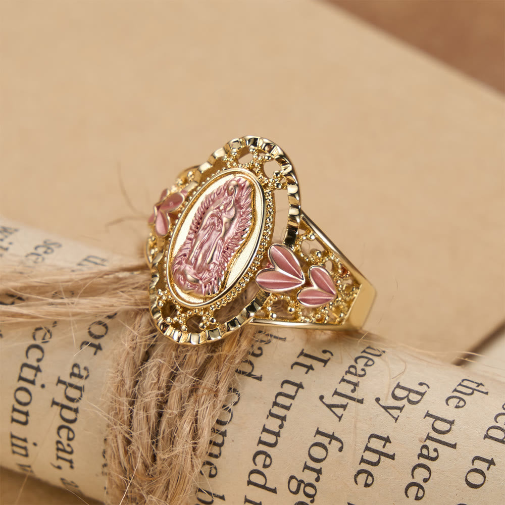Our Lady of Guadalupe Enameled Devotional Ring with Floral Accents: A Symbol of Marian Grace & Divine Protection