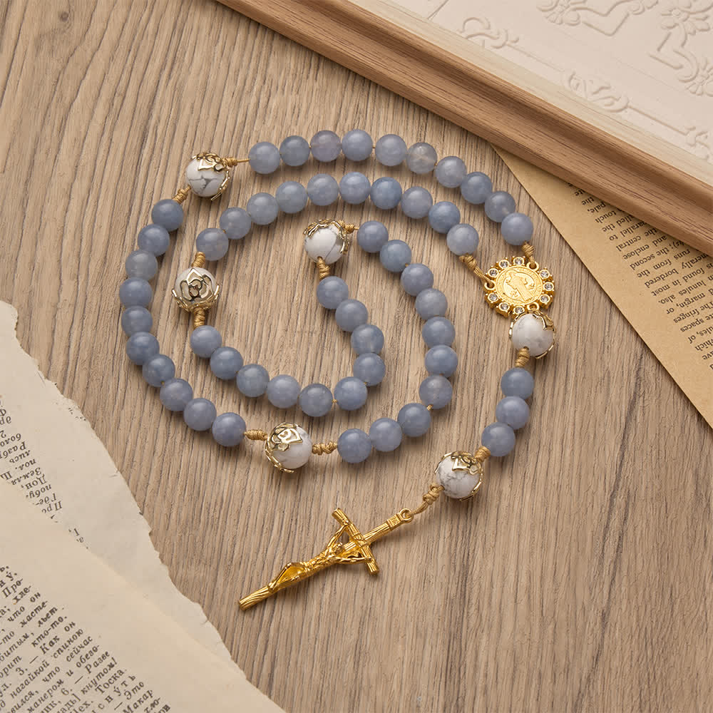 Aquamarine & White Howlite Rosary: Golden Filigree Details with St. Benedict for Serene Faith