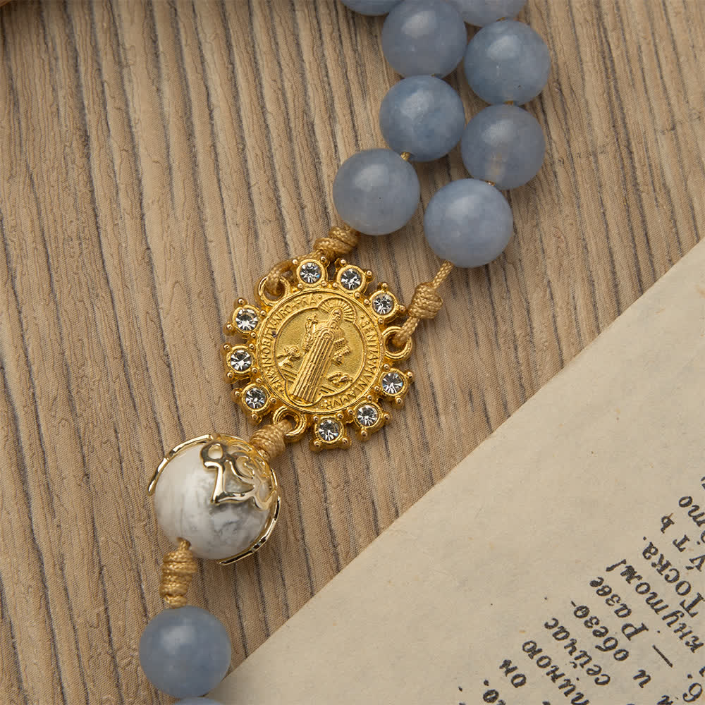 Aquamarine & White Howlite Rosary: Golden Filigree Details with St. Benedict for Serene Faith