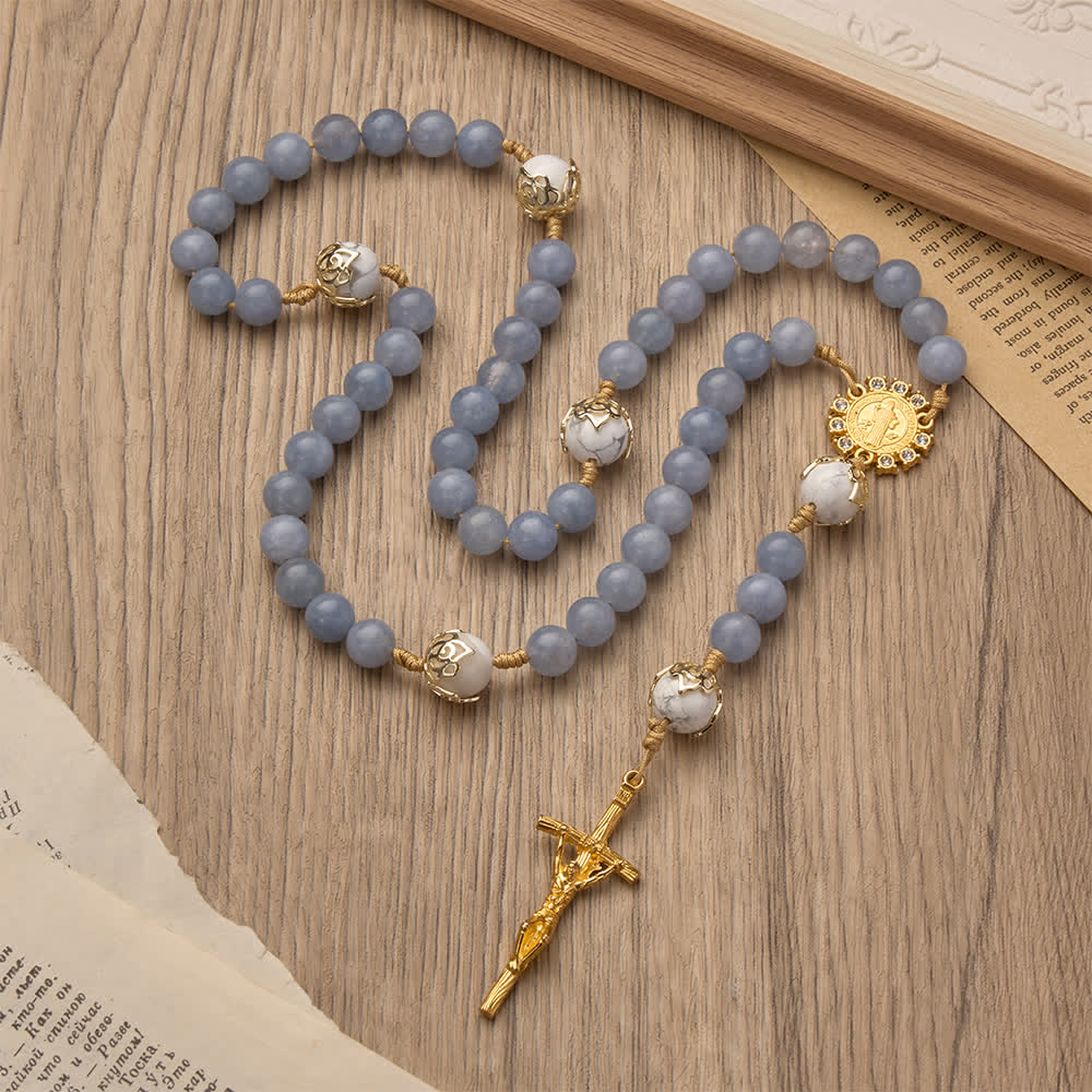 Aquamarine & White Howlite Rosary: Golden Filigree Details with St. Benedict for Serene Faith