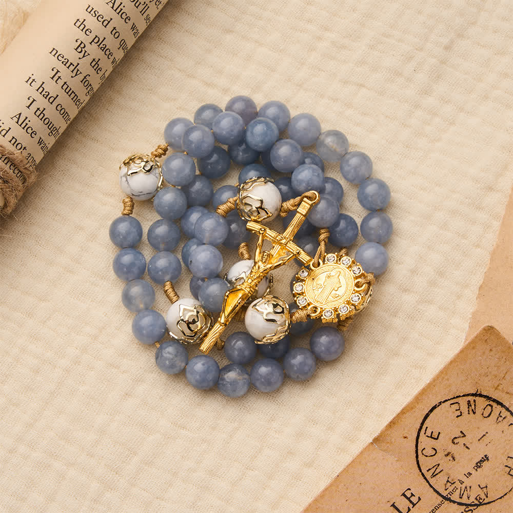 Aquamarine & White Howlite Rosary: Golden Filigree Details with St. Benedict for Serene Faith