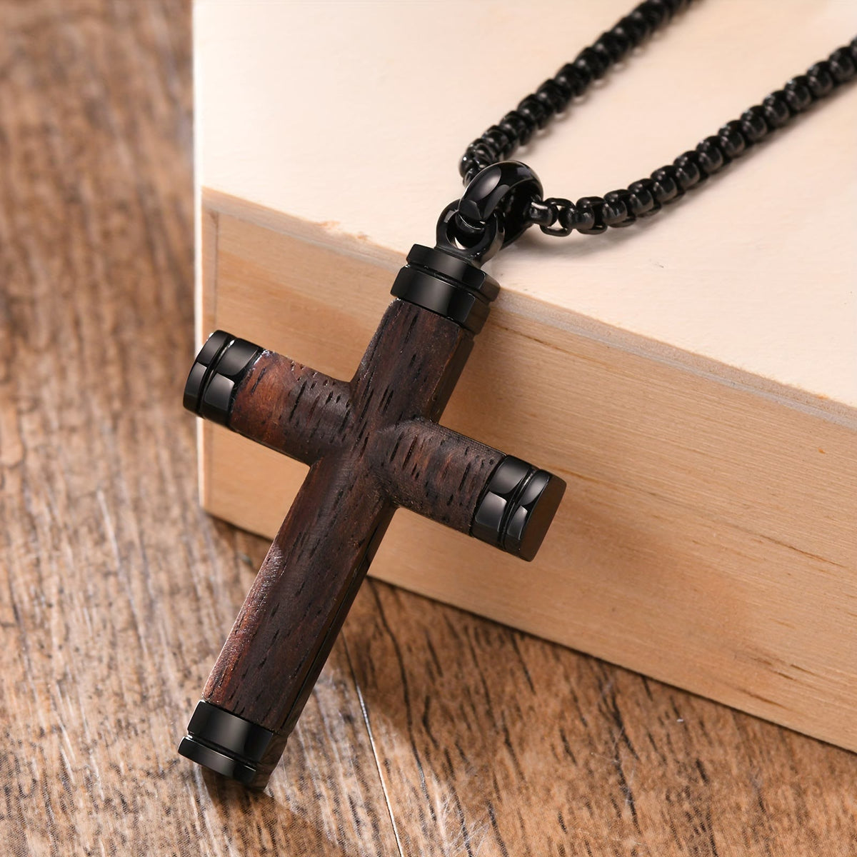 Minimalist Wood Cross Necklace with Sleek Metal Ends: An Emblem of Strength and Devotion