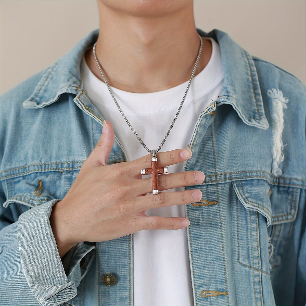Minimalist Wood Cross Necklace with Sleek Metal Ends: An Emblem of Strength and Devotion