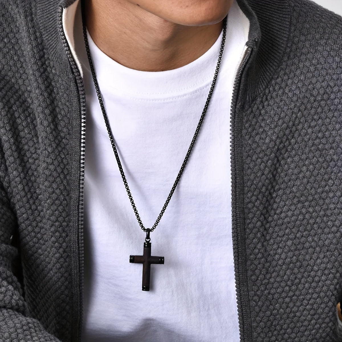 Minimalist Wood Cross Necklace with Sleek Metal Ends: An Emblem of Strength and Devotion