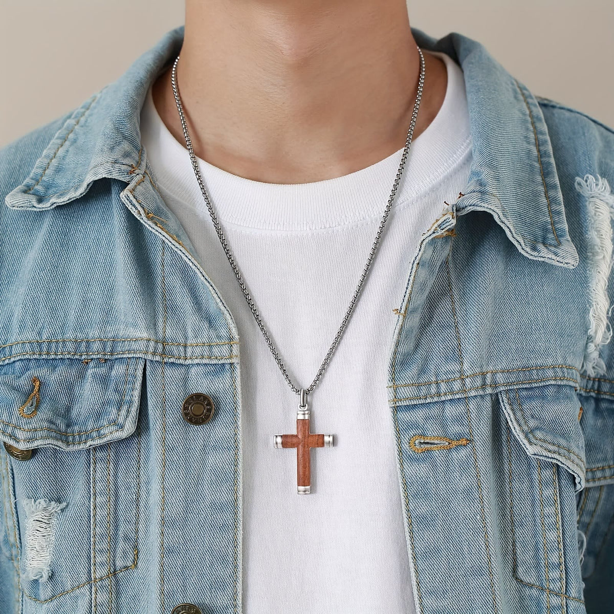 Minimalist Wood Cross Necklace with Sleek Metal Ends: An Emblem of Strength and Devotion