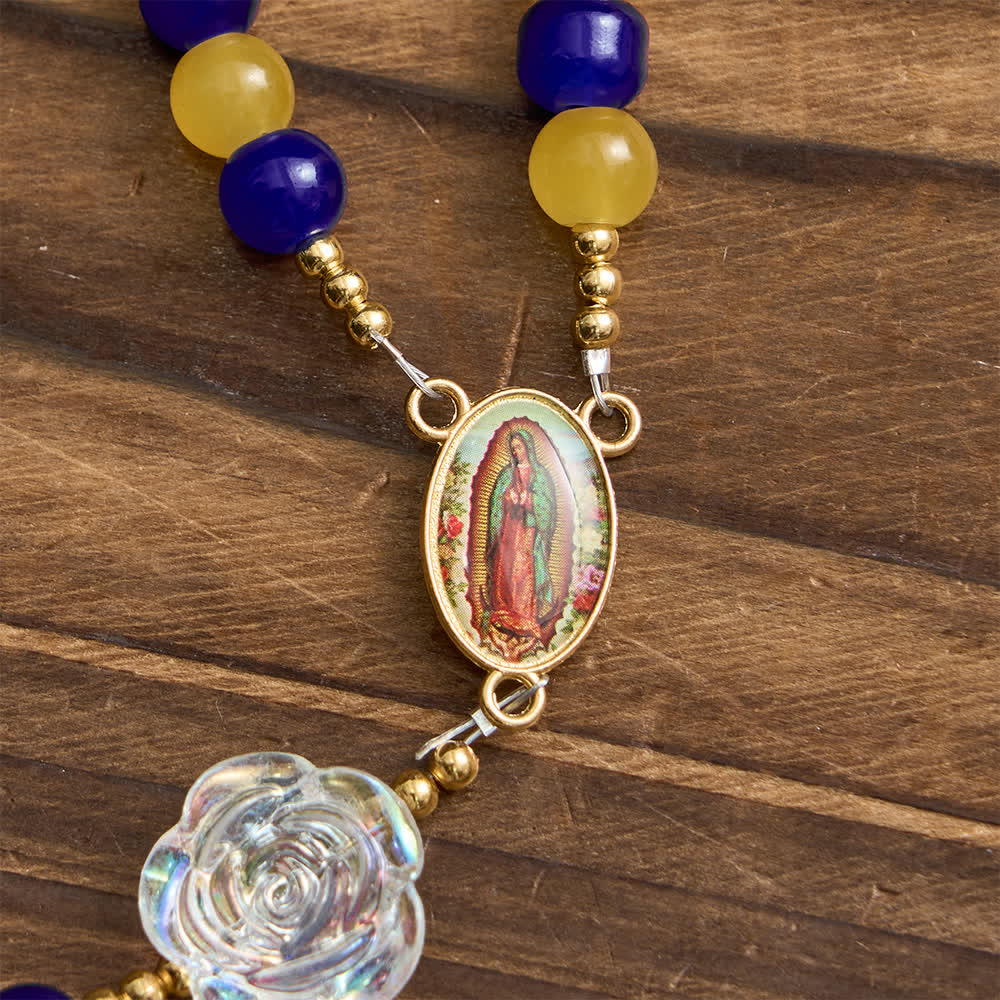 Blue & Yellow Guadalupe Rosary: Iridescent Rose Beads with Golden Crucifix