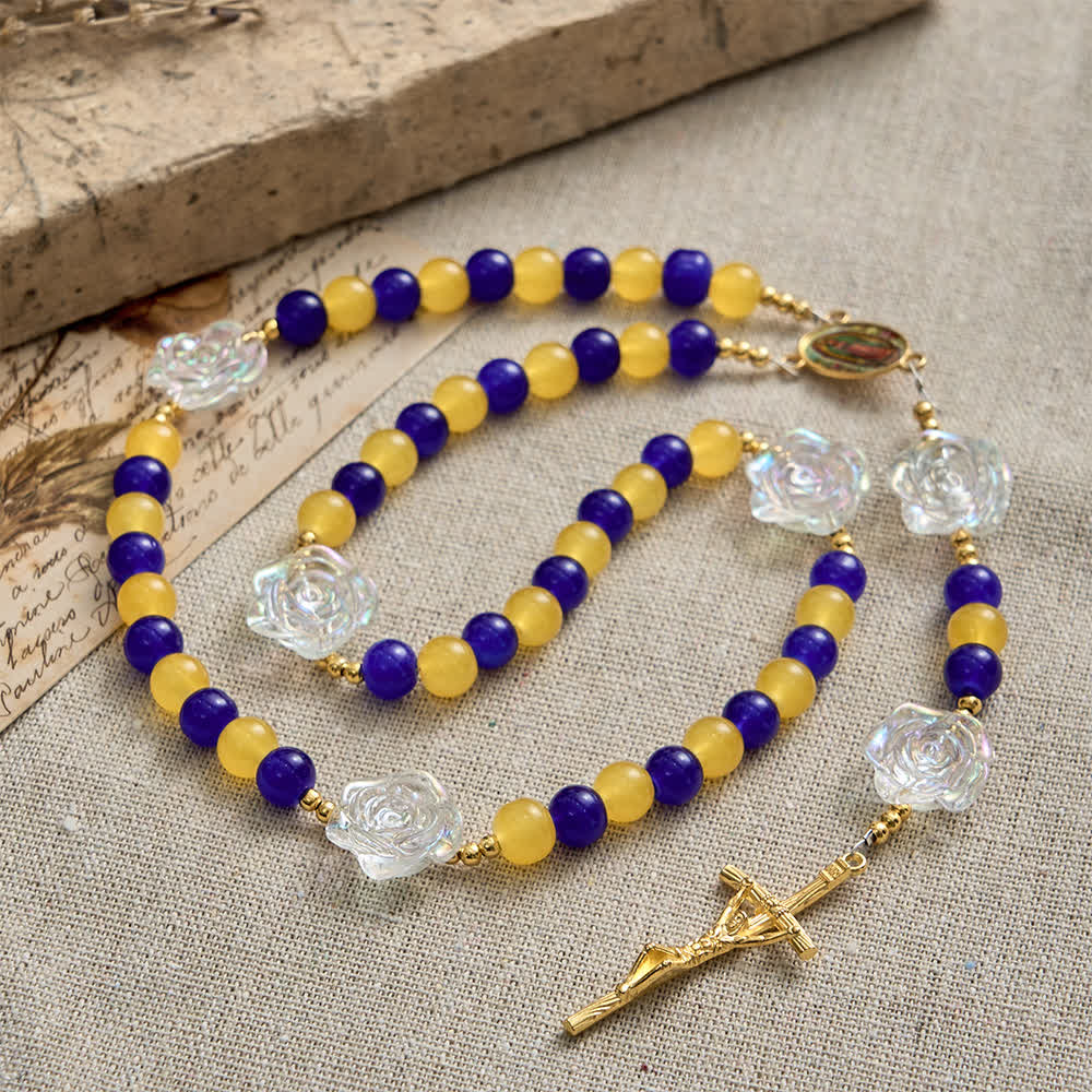 Blue & Yellow Guadalupe Rosary: Iridescent Rose Beads with Golden Crucifix