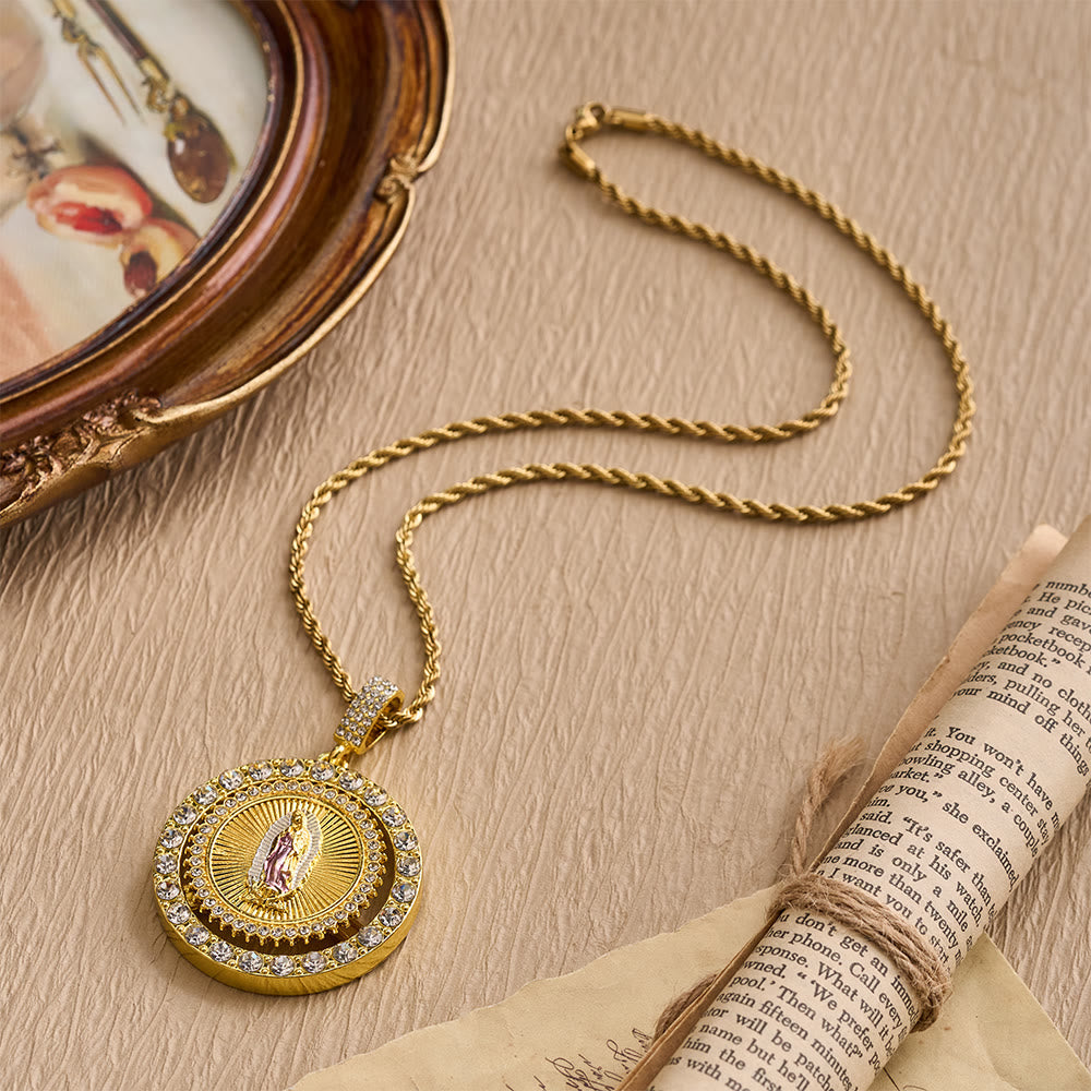 Rotating Our Lady of Guadalupe Medallion Necklace with Double Zircon Halo: A Reminder of Divine Grace