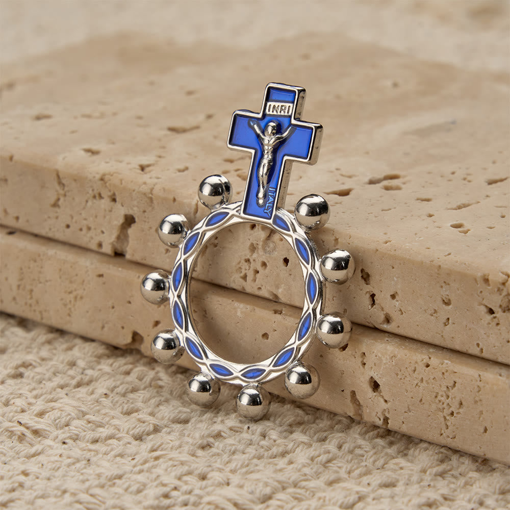 Crucifix Finger Rosary Ring with Blue Enamel & Beaded Accents (Set of 5/10): A Symbol of Redemption
