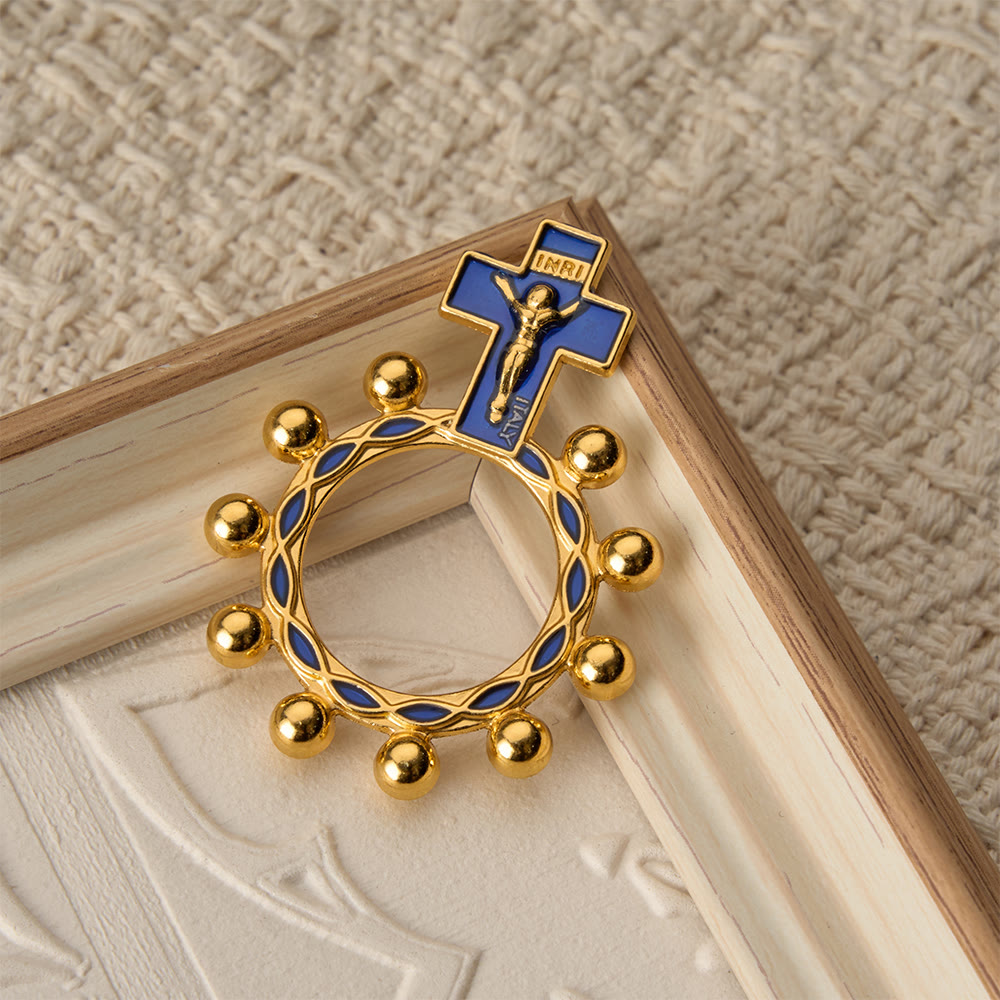 Crucifix Finger Rosary Ring with Blue Enamel & Beaded Accents (Set of 5/10): A Symbol of Redemption