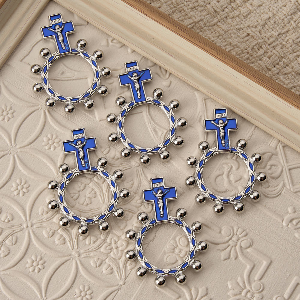 Crucifix Finger Rosary Ring with Blue Enamel & Beaded Accents (Set of 5/10): A Symbol of Redemption