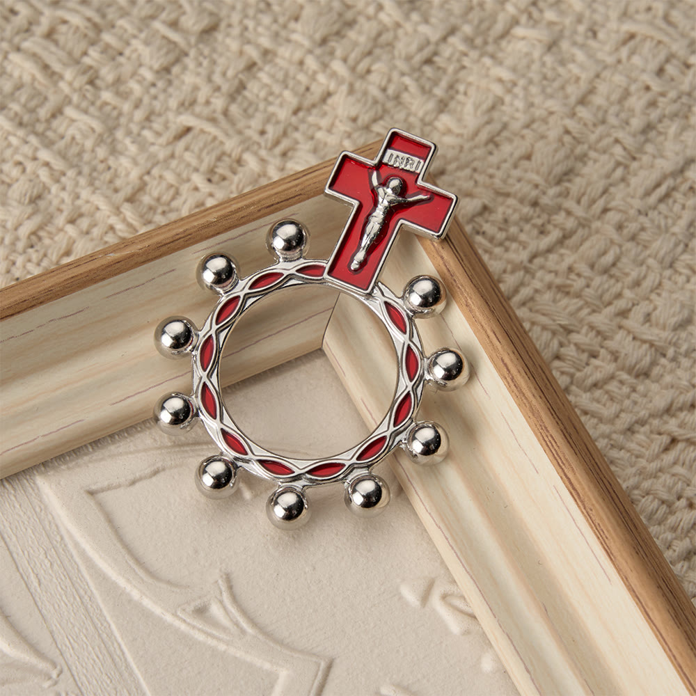 Crucifix Finger Rosary Ring with Red Enamel & Beaded Accents (Set of 5/10): A Symbol of Redemption