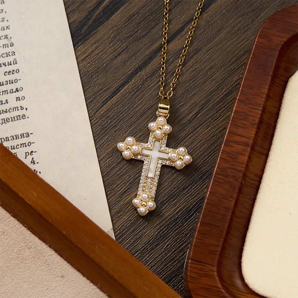 Refined Cross Pendant Necklace with Mother of Pearl, Zircon, and Pearl Accents