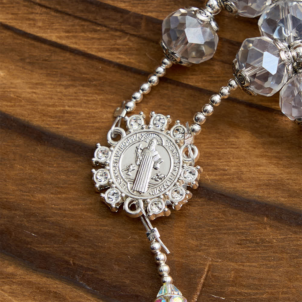 Sparkling White St. Benedict Forever Faith Rosary with Custom Name Letters