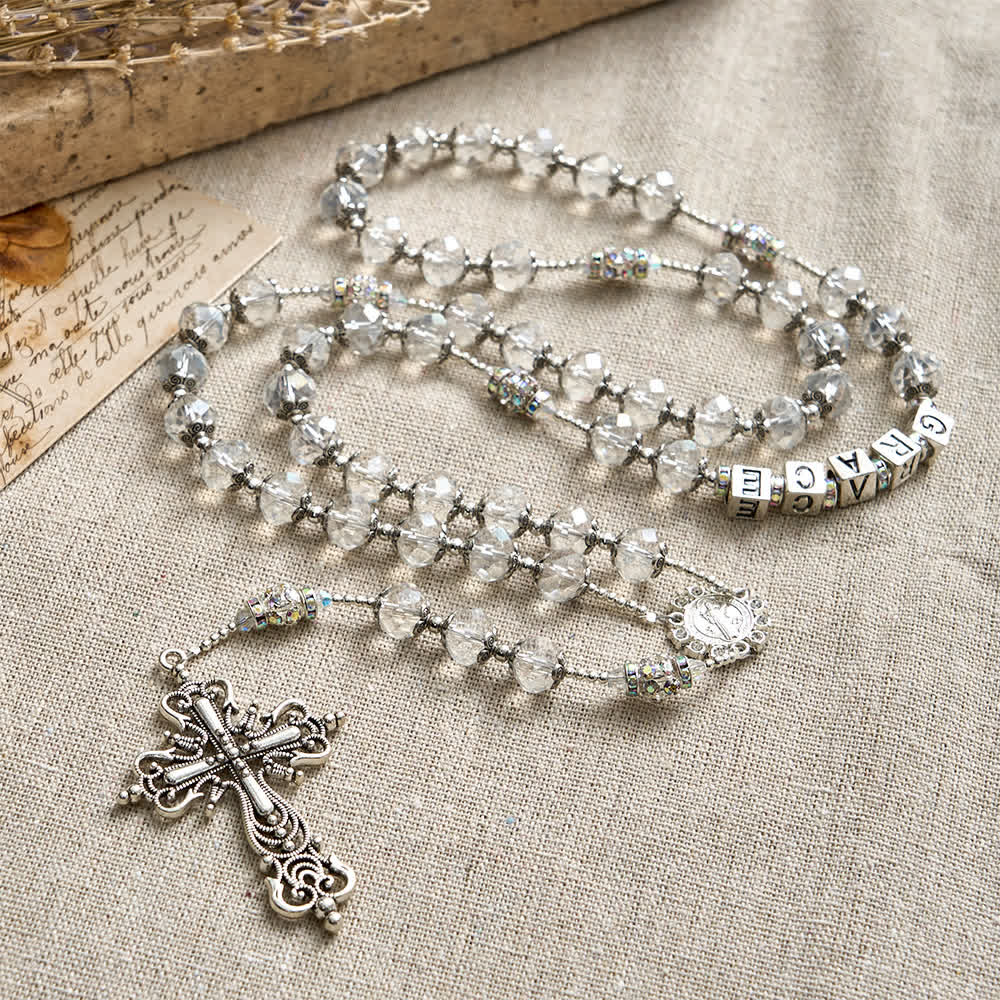 Sparkling White St. Benedict Forever Faith Rosary with Custom Name Letters