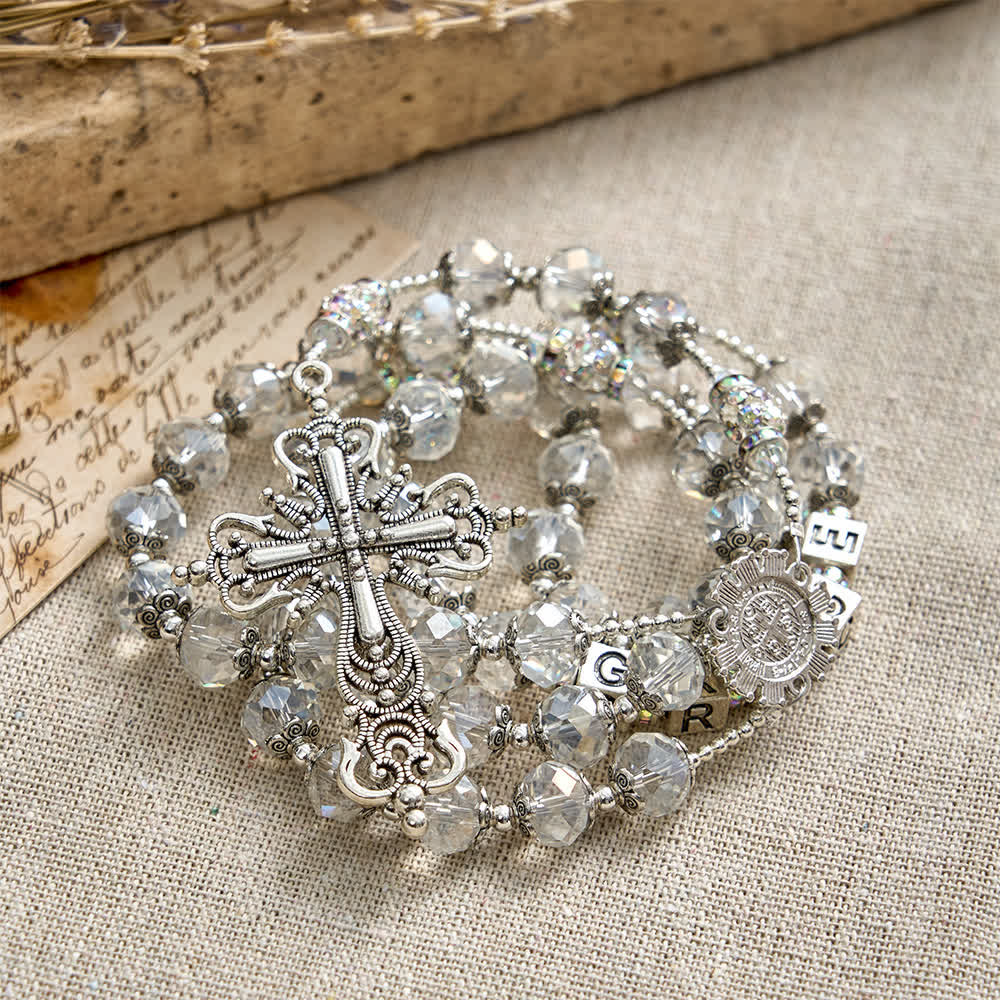 Sparkling White St. Benedict Forever Faith Rosary with Custom Name Letters