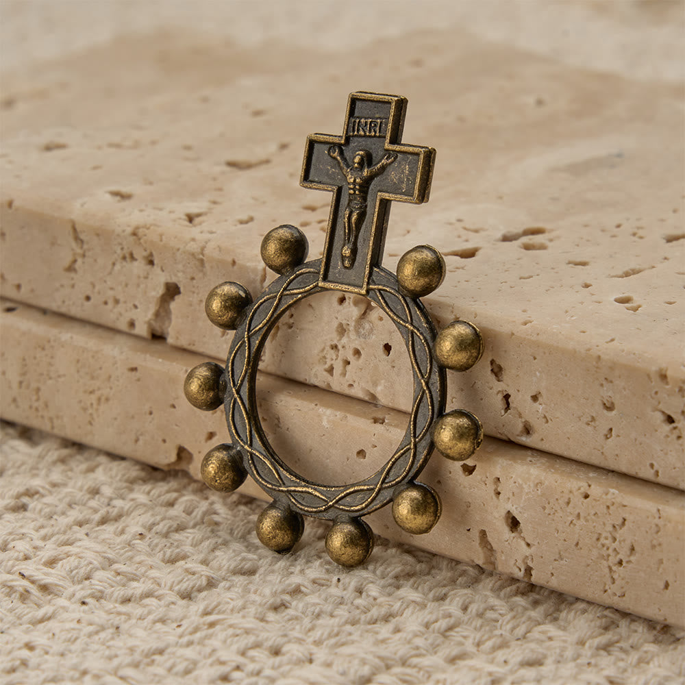 Two-Color Crucifix Finger Rosary with Embossed Jesus and Beaded Halo: A Reminder of Divine Grace