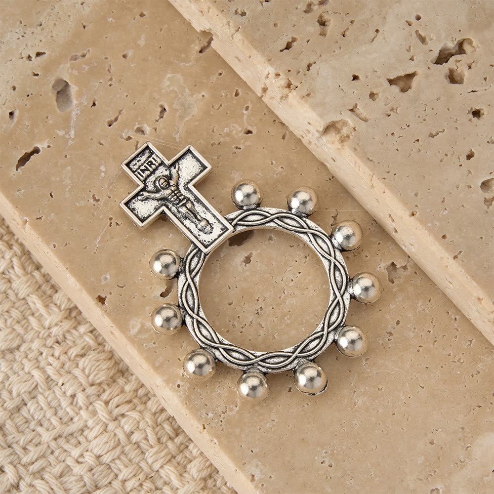Two-Color Crucifix Finger Rosary with Embossed Jesus and Beaded Halo: A Reminder of Divine Grace