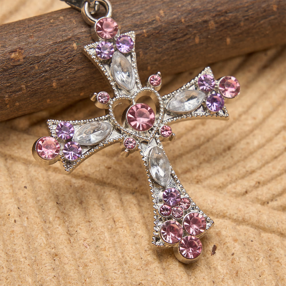 Pink & Purple Tone Zircon Cross Necklace with Heart Accent: A Dazzling Symbol of Love and Devotion