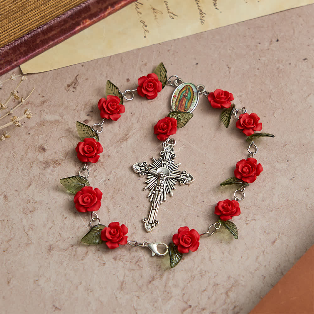 Sacred Red Rose Pocket Rosary with Our Lady's Floral Devotion