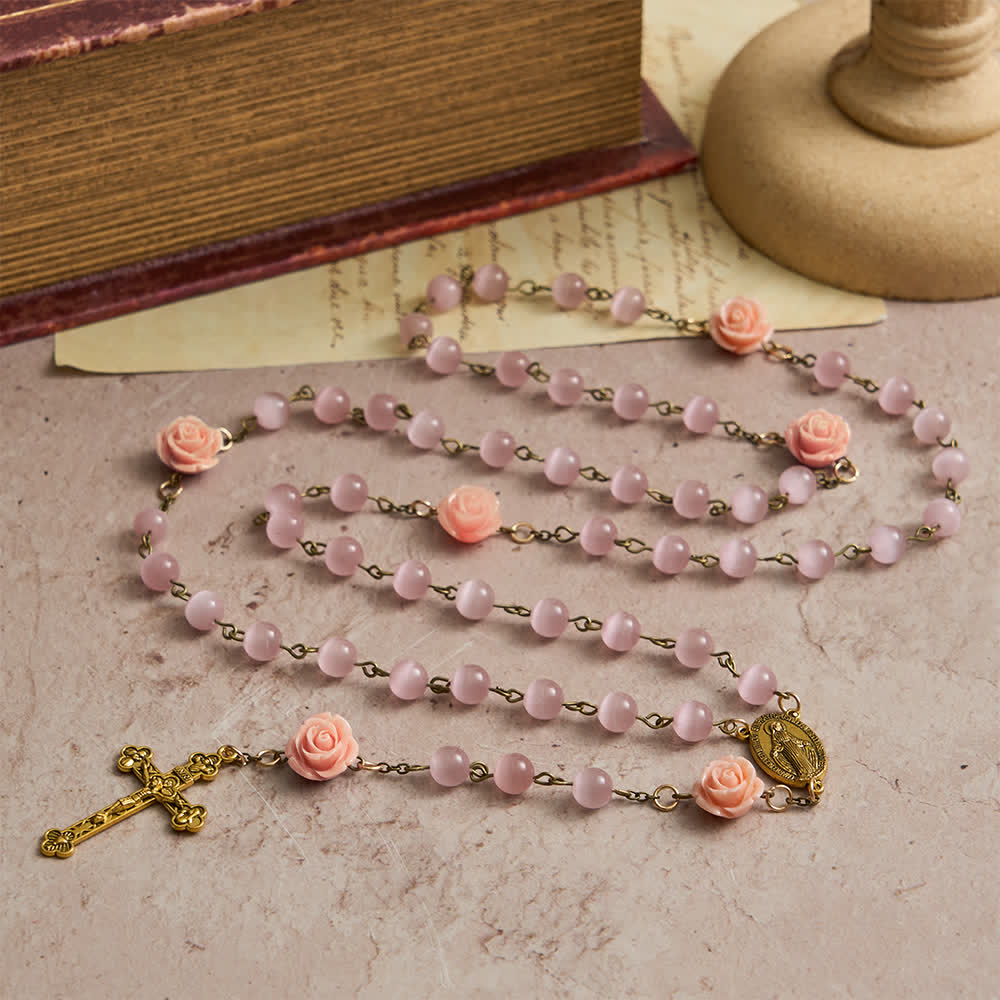 Luminous Pink Cat's Eye Rosary with Roses for Marian Devotion