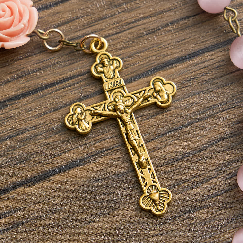 Luminous Pink Cat's Eye Rosary with Roses for Marian Devotion