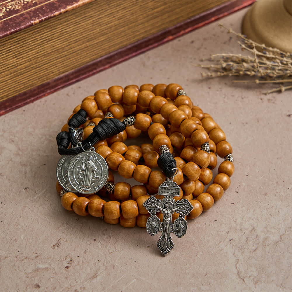 Traditional Rustic Wood 5/15/20 Decade Prayer Rosary with St. Benedict Medal & Crucifix