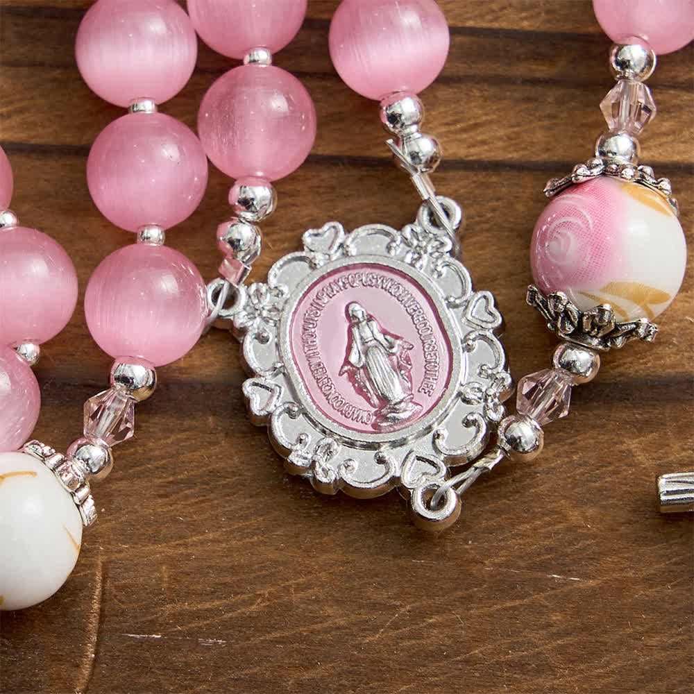 Elegant Pink Cat's Eye Rosary with Floral Marian Devotion