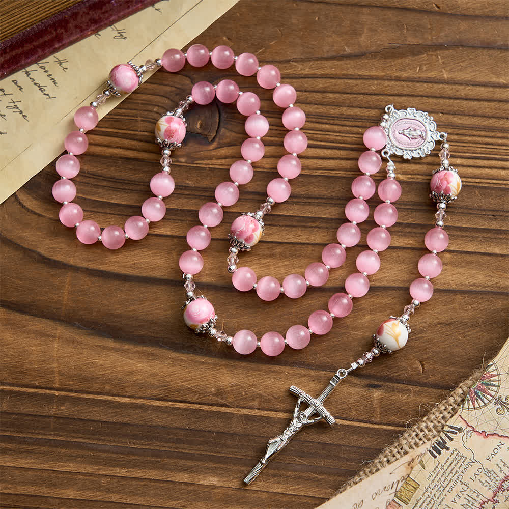 Elegant Pink Cat's Eye Rosary with Floral Marian Devotion