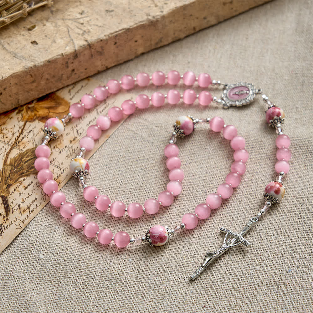 Elegant Pink Cat's Eye Rosary with Floral Marian Devotion