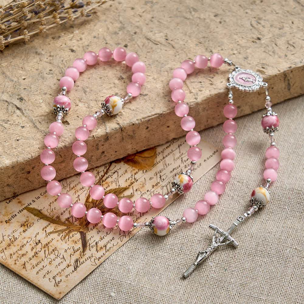 Elegant Pink Cat's Eye Rosary with Floral Marian Devotion
