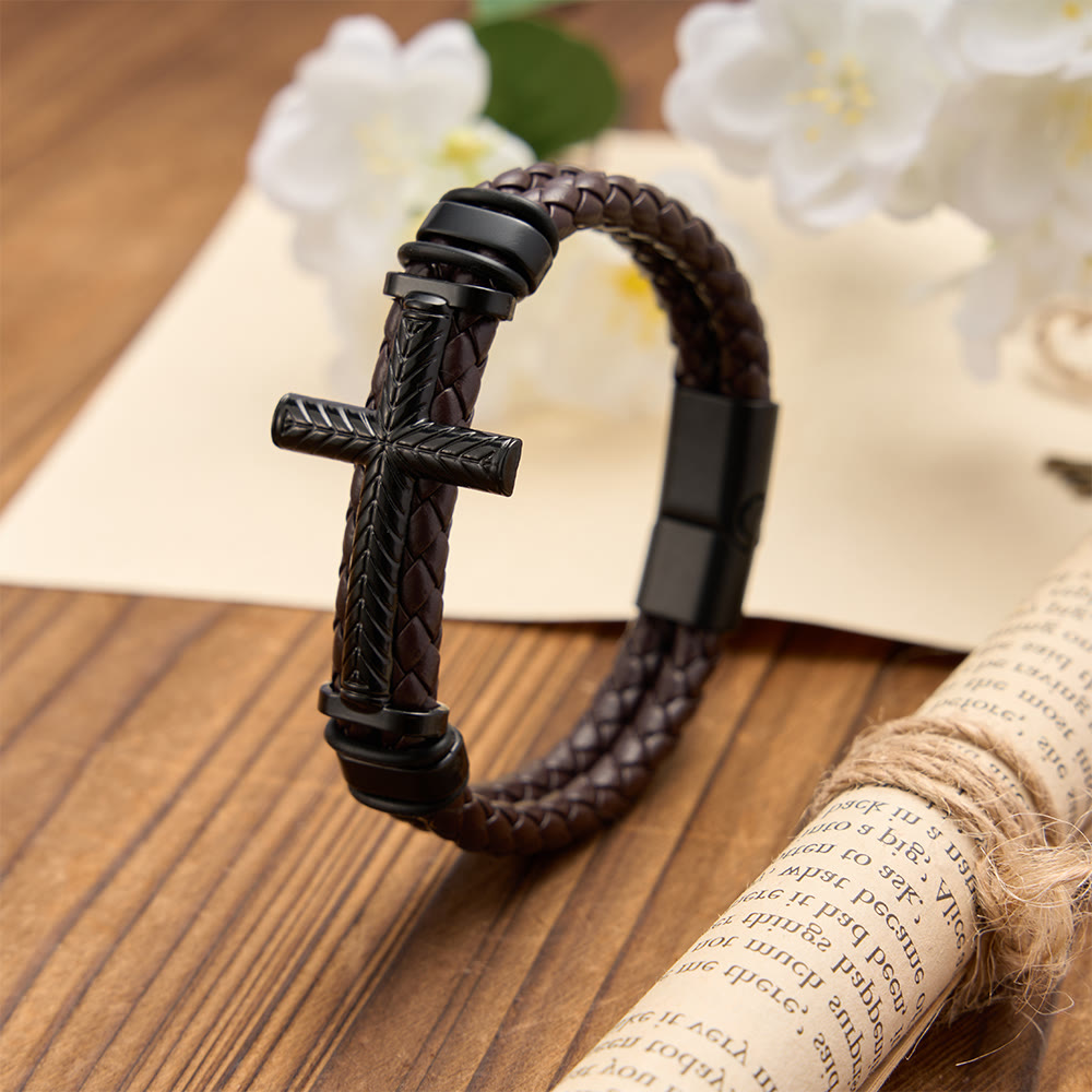10-Color Braided Leather Cross Bracelet with Embossed Details: A Symbol of Rugged Faith