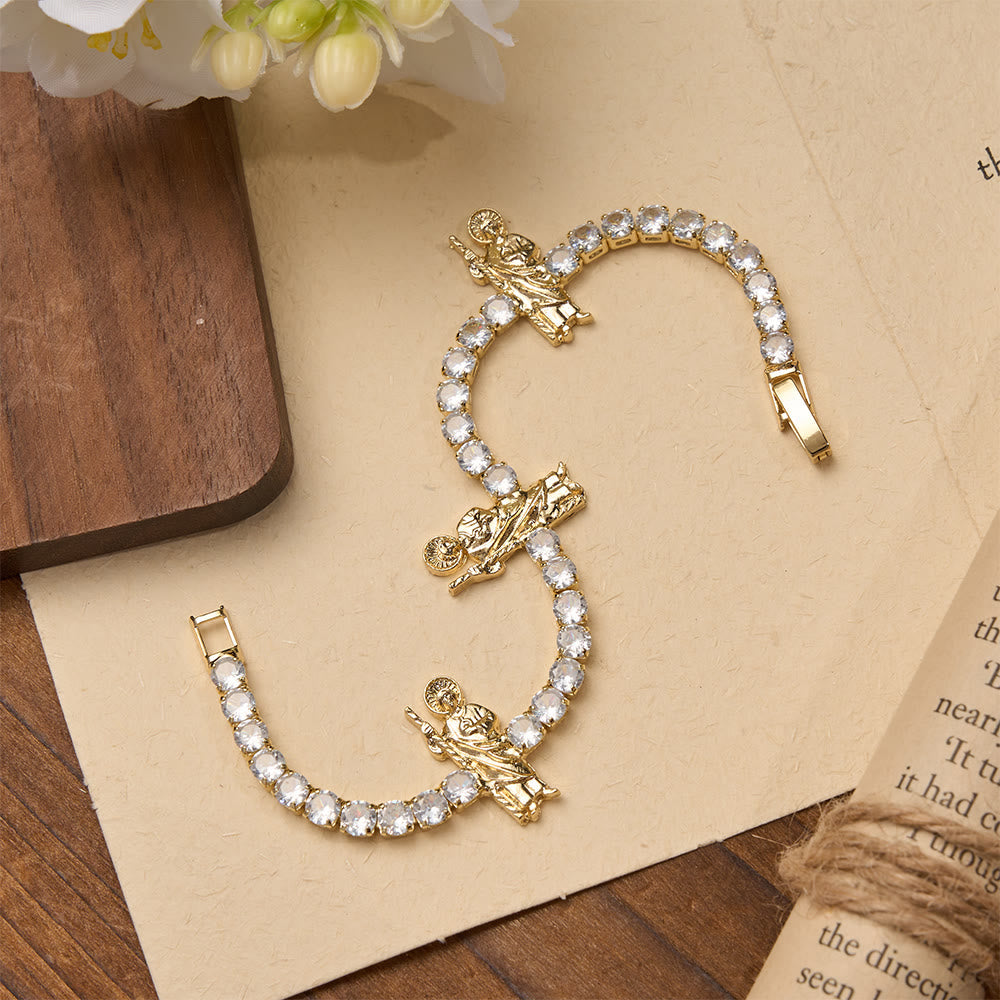 Sparkling Zircon Tennis Bracelet with St. Jude, St. Benedict, and Our Lady Motifs: A Reminder of Heavenly Grace