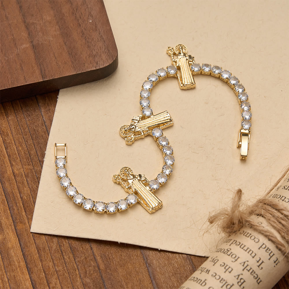 Sparkling Zircon Tennis Bracelet with St. Jude, St. Benedict, and Our Lady Motifs: A Reminder of Heavenly Grace