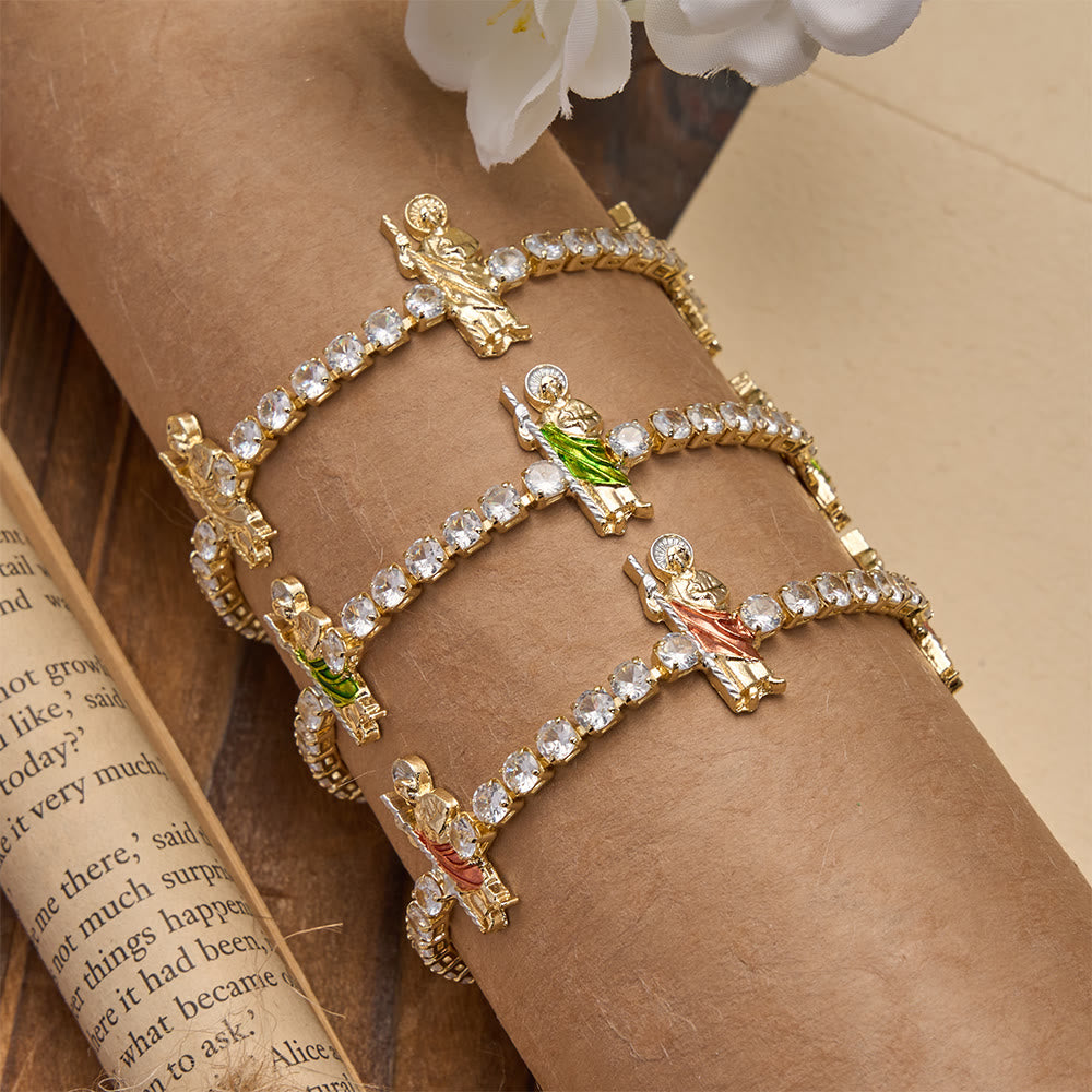 Sparkling Zircon Tennis Bracelet with St. Jude, St. Benedict, and Our Lady Motifs: A Reminder of Heavenly Grace
