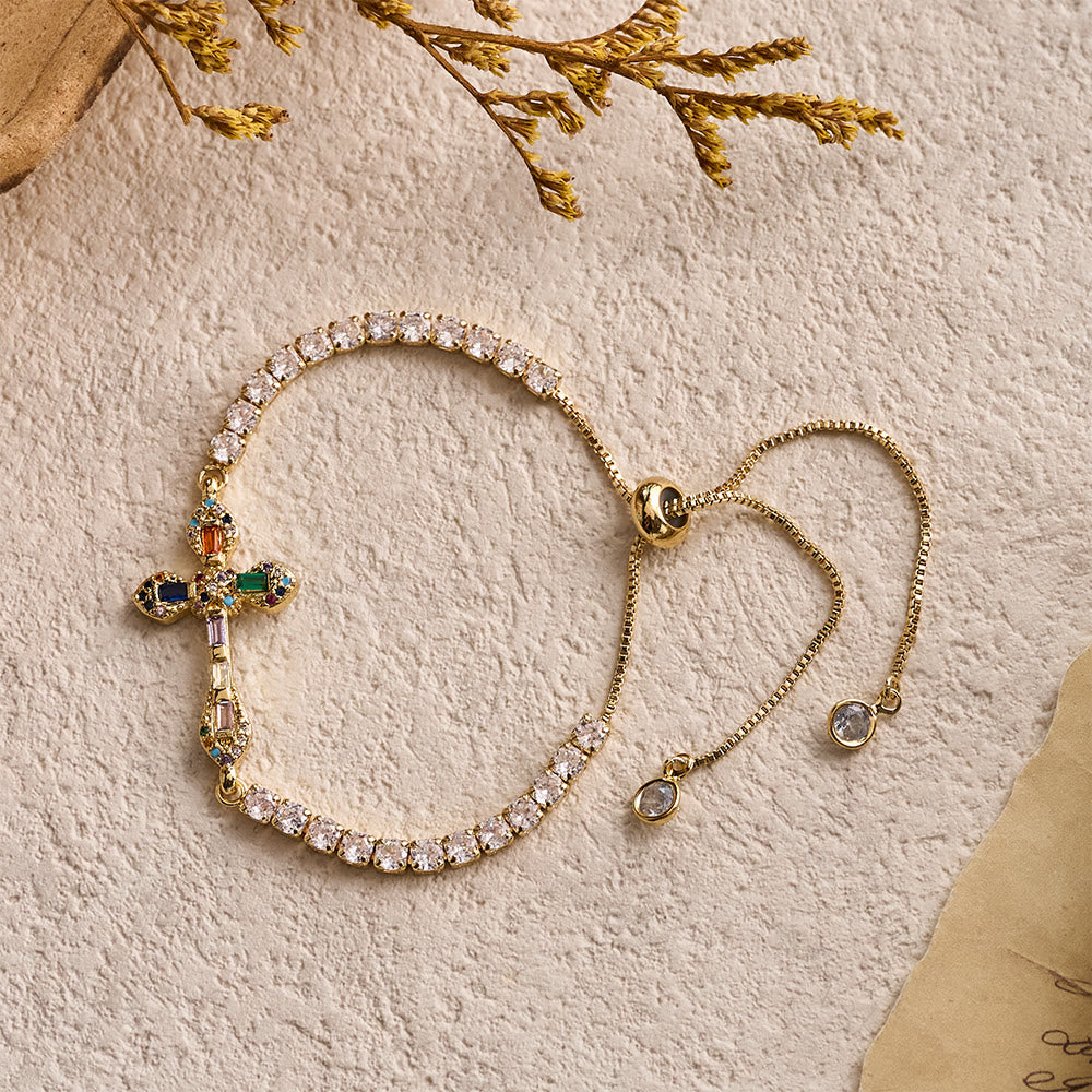 Adjustable Tennis Bracelet with Colorful Zircon Cross Charm: A Symbol of Vibrant Faith