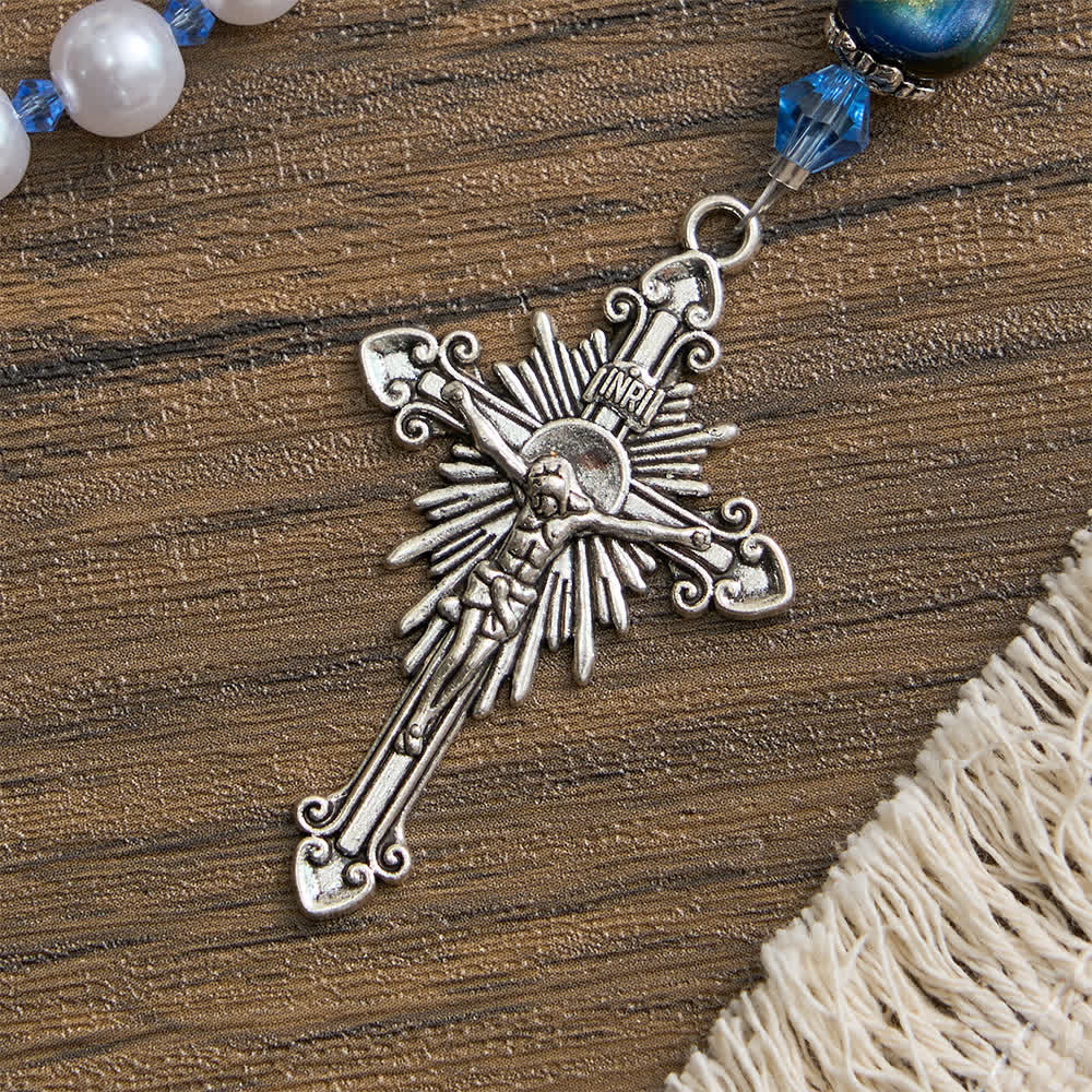 Blue-Green Gradient and White Beads Rosary with Our Lady
