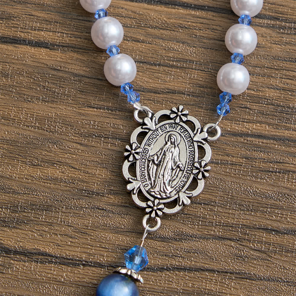 Blue-Green Gradient and White Beads Rosary with Our Lady