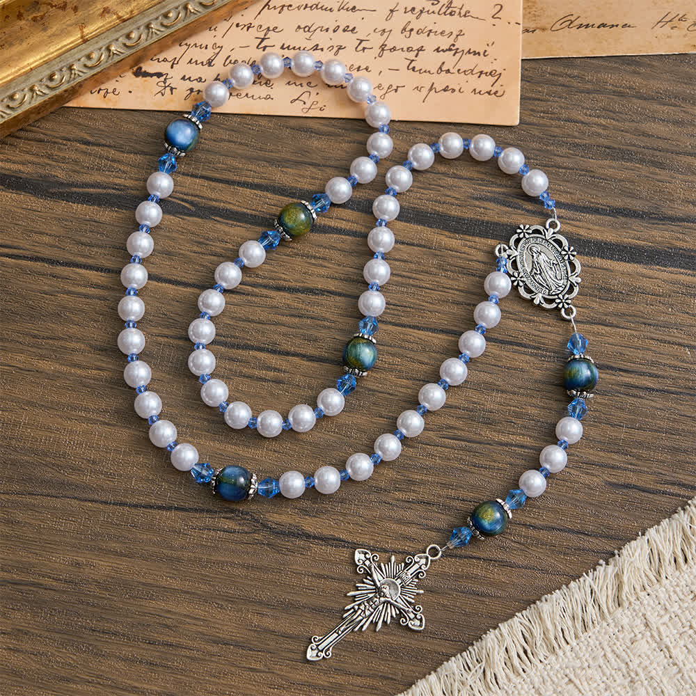 Blue-Green Gradient and White Beads Rosary with Our Lady