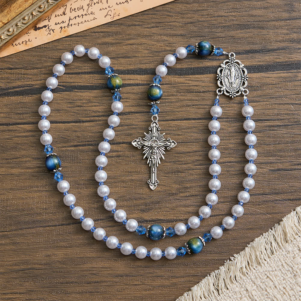 Blue-Green Gradient and White Beads Rosary with Our Lady