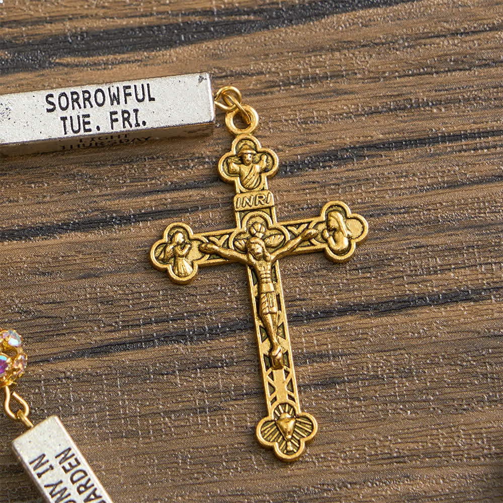 Golden Rhinestone Six Tablets Rosary with Our Lady of Fatima