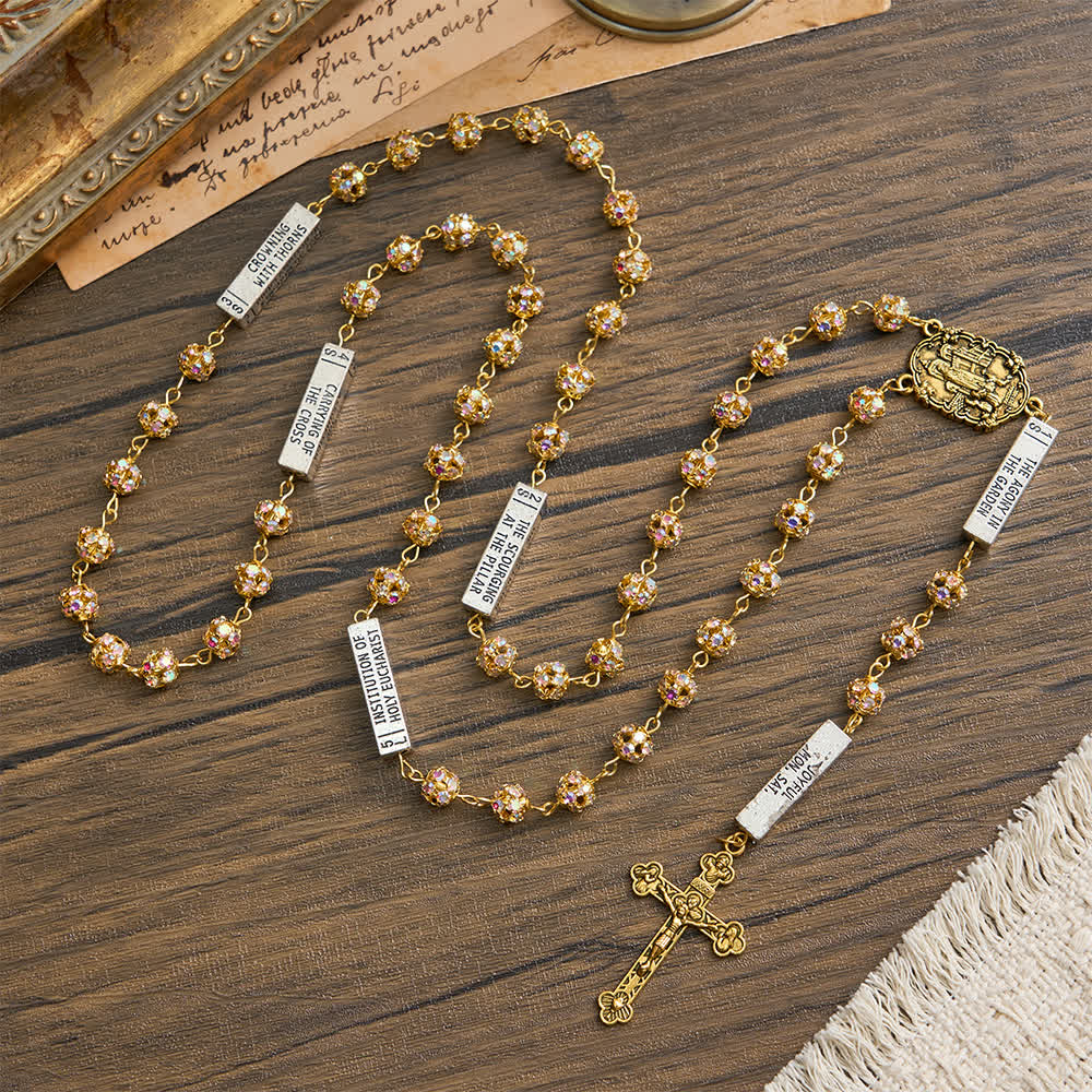 Golden Rhinestone Six Tablets Rosary with Our Lady of Fatima