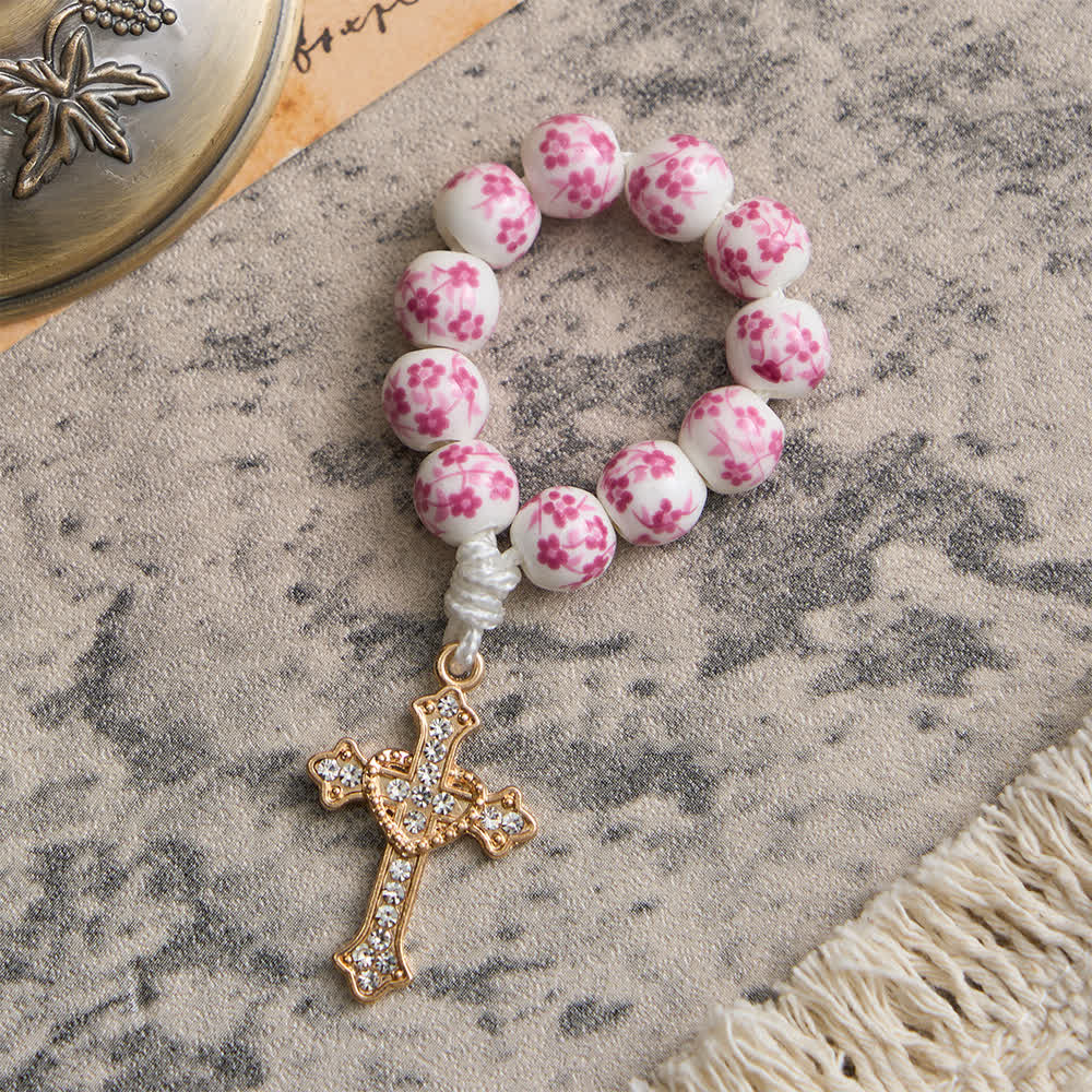 Pink Floral Ceramic Finger Rosary with Crystal Cross